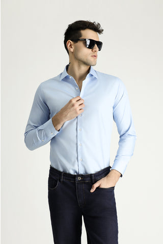  Uçuk Mavi Uzun Kol Slim Fit Dar Kesim Pamuklu Non Iron Ütü Gerektirmeyen Saten Klasik Gömlek
