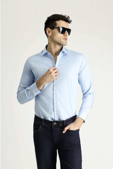 Light Blue Long Sleeve Slim Fit Narrow Cut Cotton Non-Iron Satin Classic Shirt