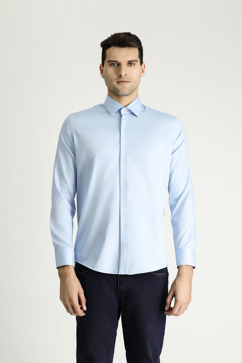 Light Blue Long Sleeve Slim Fit Narrow Cut Cotton Non-Iron Satin Classic Shirt