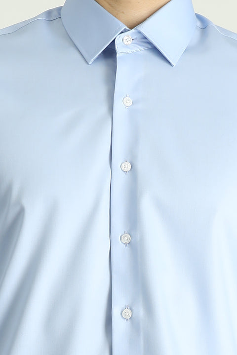 Light Blue Long Sleeve Slim Fit Narrow Cut Cotton Non-Iron Satin Classic Shirt