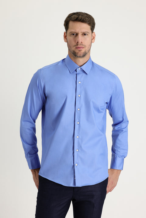 Aqua Mavisi Uzun Kol Slim Fit Dar Kesim Pamuklu Non Iron Ütü Gerektirmeyen Saten Klasik Gömlek