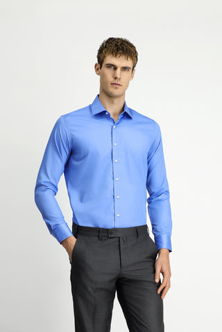  Koyu Mavi  Uzun Kol Slim Fit Dar Kesim Pamuklu Non Iron Ütü Gerektirmeyen Saten Klasik Gömlek