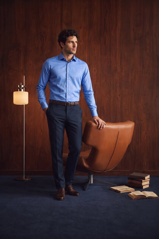  Koyu Mavi  Uzun Kol Slim Fit Dar Kesim Pamuklu Non Iron Ütü Gerektirmeyen Saten Klasik Gömlek