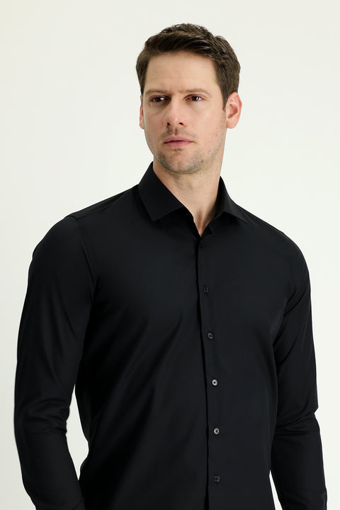 Siyah Uzun Kol Slim Fit Dar Kesim Non Iron Klasik Pamuklu Gömlek