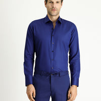 Medium Navy Long Sleeve Slim Fit Classic Non-Iron Satin Cotton Shirt