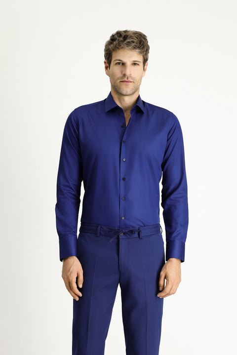 Medium Navy Long Sleeve Slim Fit Classic Non-Iron Satin Cotton Shirt