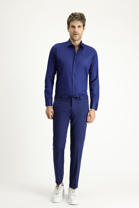 Medium Navy Long Sleeve Slim Fit Classic Non-Iron Satin Cotton Shirt