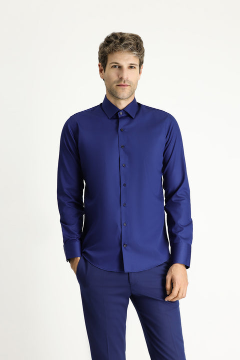 Medium Navy Long Sleeve Slim Fit Classic Non-Iron Satin Cotton Shirt