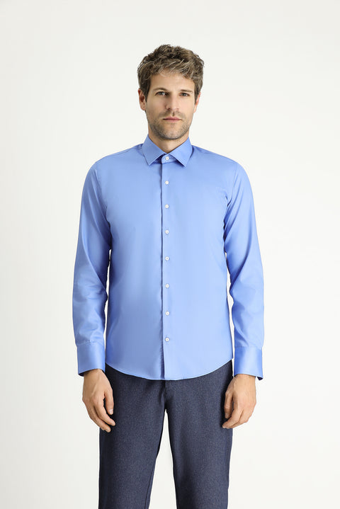 Aqua Blue Long Sleeve Slim Fit Classic Non-Iron Satin Cotton Shirt