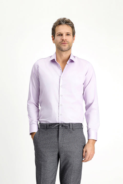 Lila Uzun Kol Slim Fit Dar Kesim Klasik Non Iron Saten Pamuklu Gömlek