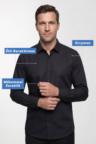  Siyah Uzun Kol Slim Fit Non Iron Ütü Gerektirmeyen Pamuklu Klasik Gömlek