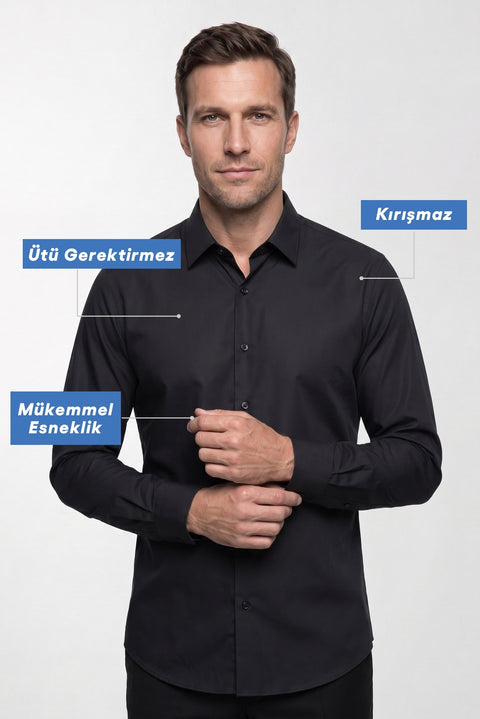 Black Long Sleeve Slim Fit Non-Iron Cotton Classic Shirt