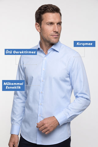  Uçuk Mavi Uzun Kol Slim Fit Non Iron Ütü Gerektirmeyen Pamuklu Klasik Gömlek