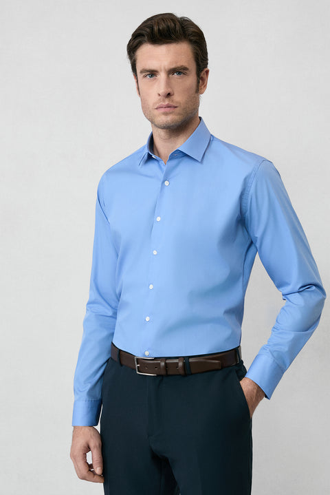 Aqua Blue Long Sleeve Slim Fit Non-Iron Cotton Classic Shirt