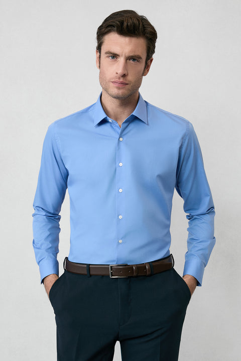 Aqua Blue Long Sleeve Slim Fit Non-Iron Cotton Classic Shirt