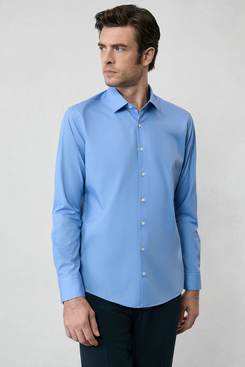 Aqua Blue Long Sleeve Slim Fit Non-Iron Cotton Classic Shirt