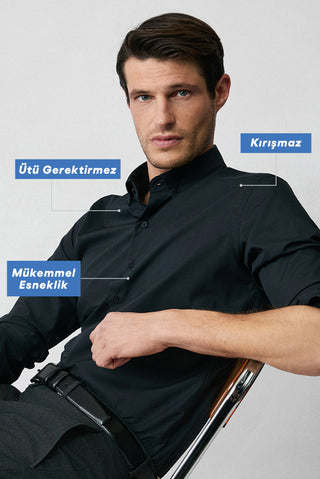  Siyah Uzun Kol Slim Fit Düğmeli Yaka Pamuklu Non Iron Ütü Gerektirmeyen Gömlek