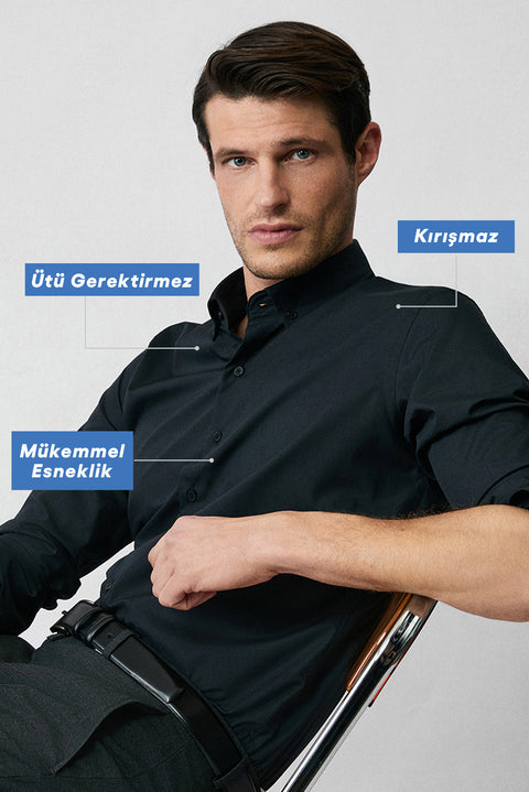 Black Long Sleeve Slim Fit Button-Down Collar Cotton Non-Iron Shirt