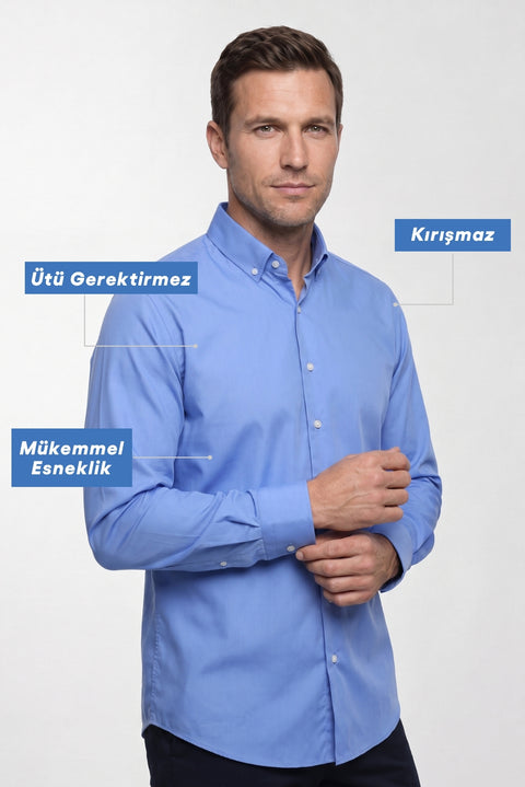 Aqua Mavisi Uzun Kol Slim Fit Düğmeli Yaka Pamuklu Non Iron Ütü Gerektirmeyen Gömlek