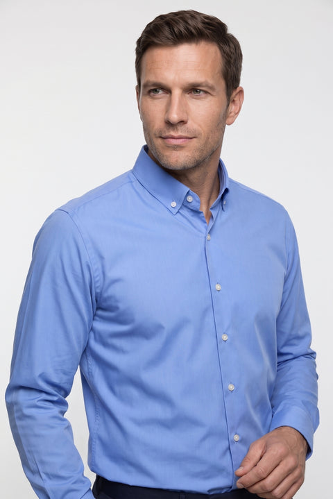 Aqua Mavisi Uzun Kol Slim Fit Düğmeli Yaka Pamuklu Non Iron Ütü Gerektirmeyen Gömlek