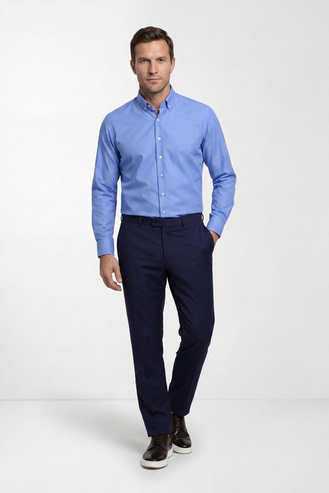 Aqua Mavisi Uzun Kol Slim Fit Düğmeli Yaka Pamuklu Non Iron Ütü Gerektirmeyen Gömlek