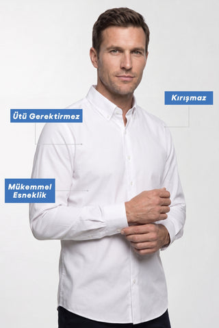  Beyaz Uzun Kol Slim Fit Düğmeli Yaka Pamuklu Non Iron Ütü Gerektirmeyen Gömlek