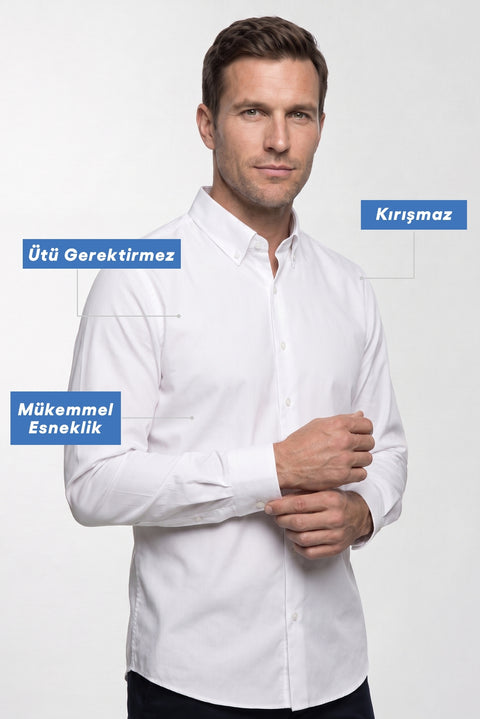 White Long Sleeve Slim Fit Button-Down Collar Cotton Non-Iron Shirt