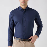 Koyu Lacivert Uzun Kol Slim Fit Düğmeli Yaka Pamuklu Kolay Ütülenebilir 4 Mevsim Oxford Gömlek