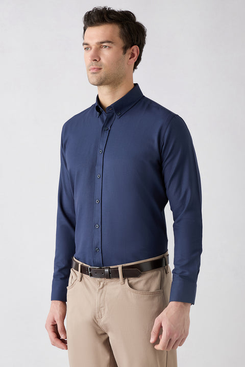 Koyu Lacivert Uzun Kol Slim Fit Düğmeli Yaka Pamuklu Kolay Ütülenebilir 4 Mevsim Oxford Gömlek