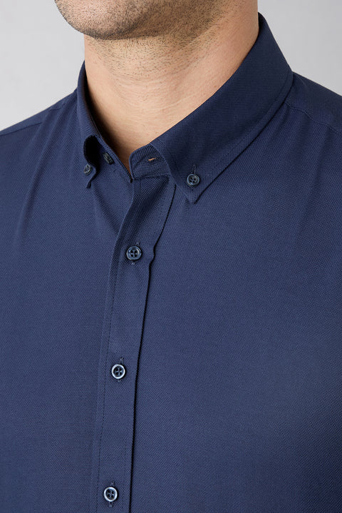 Koyu Lacivert Uzun Kol Slim Fit Düğmeli Yaka Pamuklu Kolay Ütülenebilir 4 Mevsim Oxford Gömlek
