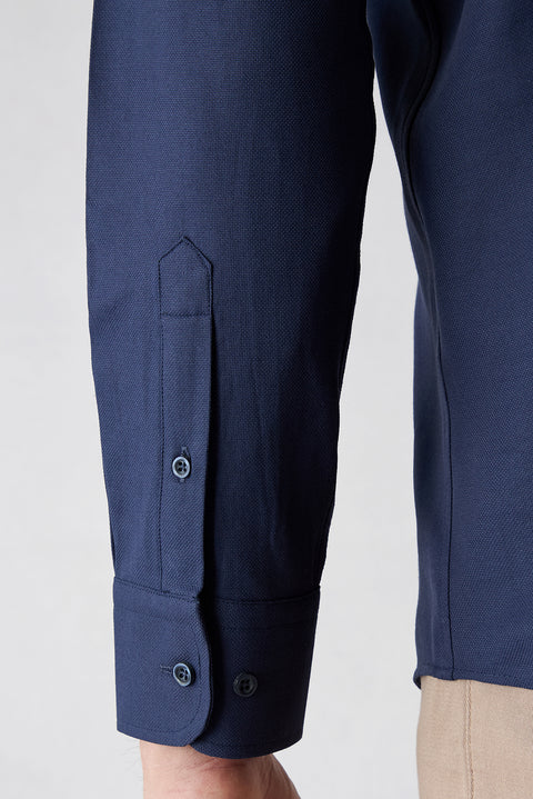 Koyu Lacivert Uzun Kol Slim Fit Düğmeli Yaka Pamuklu Kolay Ütülenebilir 4 Mevsim Oxford Gömlek