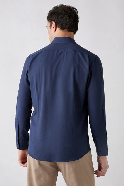 Koyu Lacivert Uzun Kol Slim Fit Düğmeli Yaka Pamuklu Kolay Ütülenebilir 4 Mevsim Oxford Gömlek