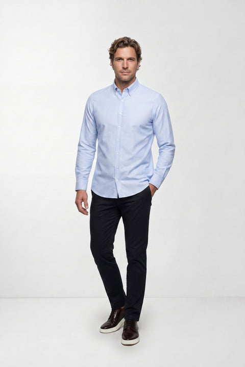 Açık Mavi Uzun Kol Slim Fit Düğmeli Yaka Pamuklu Kolay Ütülenebilir 4 Mevsim Oxford Gömlek