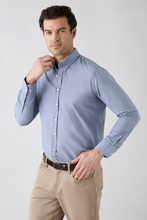 Koyu Mavi  Uzun Kol Slim Fit Düğmeli Yaka Pamuklu Kolay Ütülenebilir 4 Mevsim Oxford Gömlek