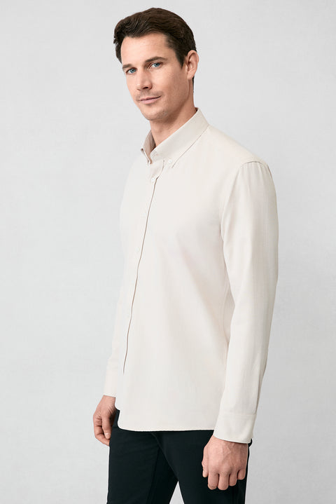 Medium Beige Long Sleeve Slim Fit Button-Down Collar Cotton Easy-Iron Four Seasons Oxford Shirt