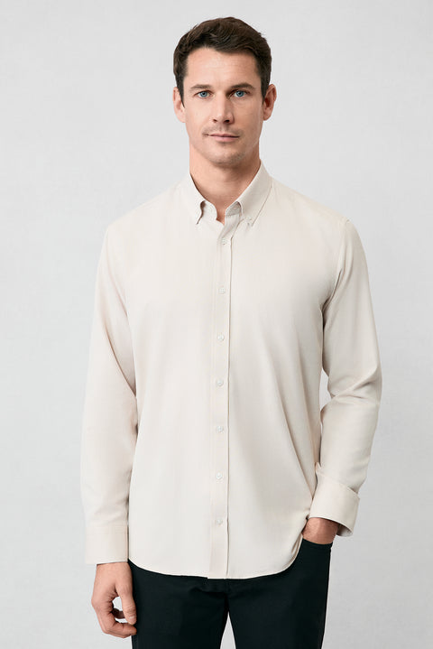 Medium Beige Long Sleeve Slim Fit Button-Down Collar Cotton Easy-Iron Four Seasons Oxford Shirt