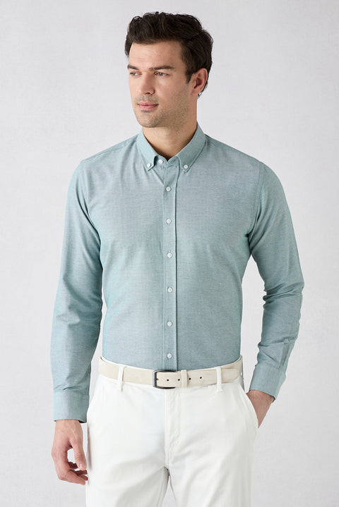 Mint Yeşili Uzun Kol Slim Fit Düğmeli Yaka Pamuklu Kolay Ütülenebilir 4 Mevsim Oxford Gömlek