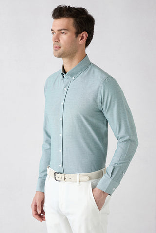 Mint Yeşili Uzun Kol Slim Fit Düğmeli Yaka Pamuklu Kolay Ütülenebilir 4 Mevsim Oxford Gömlek