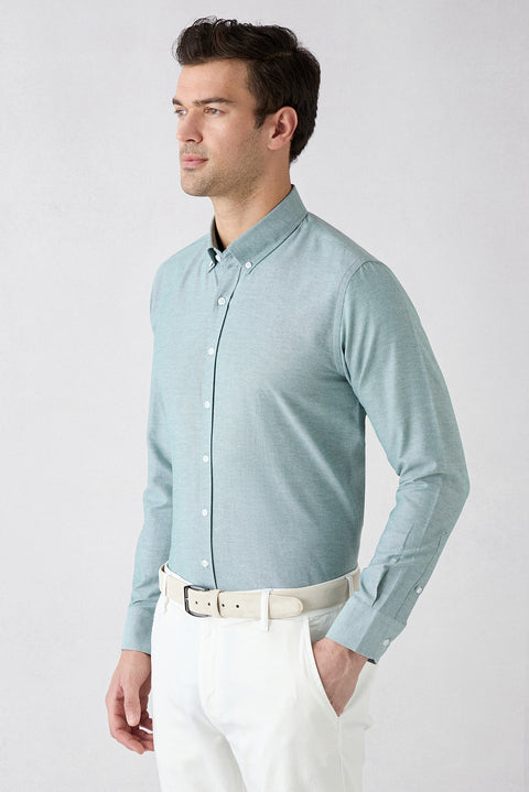 Mint Yeşili Uzun Kol Slim Fit Düğmeli Yaka Pamuklu Kolay Ütülenebilir 4 Mevsim Oxford Gömlek
