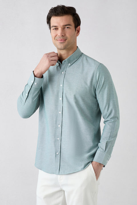 Mint Yeşili Uzun Kol Slim Fit Düğmeli Yaka Pamuklu Kolay Ütülenebilir 4 Mevsim Oxford Gömlek