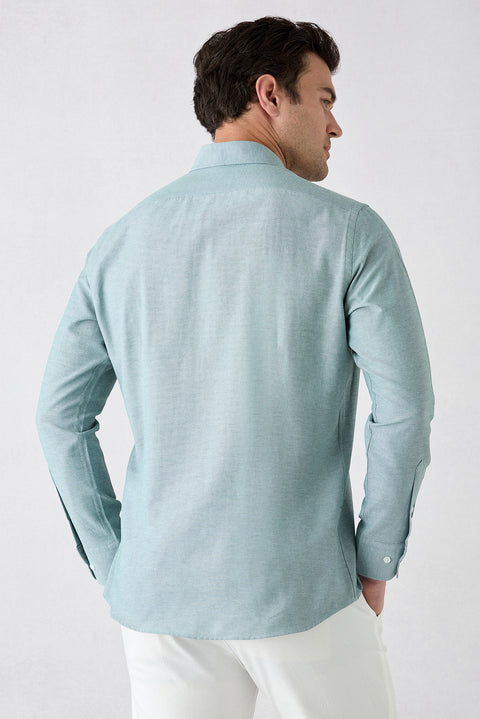 Mint Yeşili Uzun Kol Slim Fit Düğmeli Yaka Pamuklu Kolay Ütülenebilir 4 Mevsim Oxford Gömlek