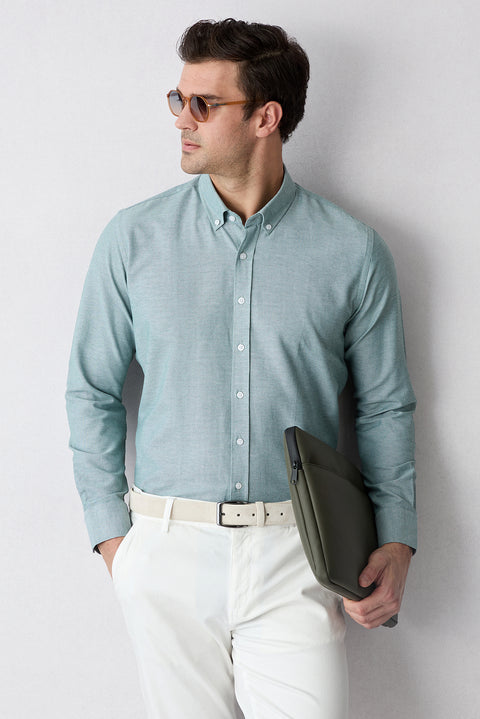 Mint Yeşili Uzun Kol Slim Fit Düğmeli Yaka Pamuklu Kolay Ütülenebilir 4 Mevsim Oxford Gömlek