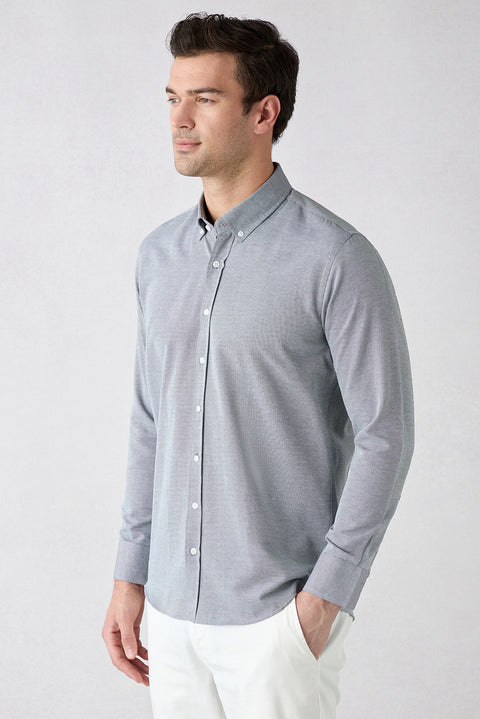 Koyu Antrasit Uzun Kol Slim Fit Düğmeli Yaka Pamuklu Kolay Ütülenebilir 4 Mevsim Oxford Gömlek