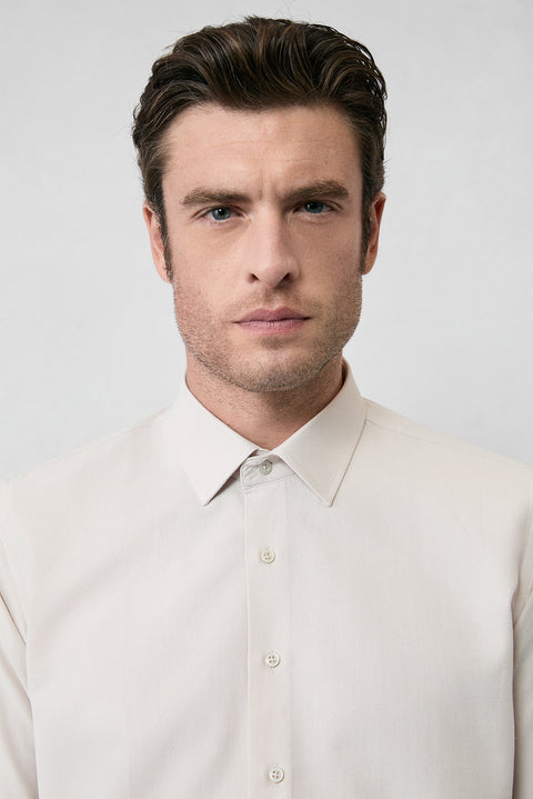 Medium Beige Long Sleeve Slim Fit Classic Collar Cotton Easy-Iron Oxford 4 Seasons Shirt