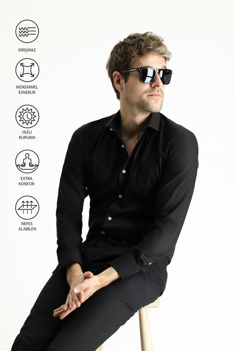 Siyah Techno-Line Uzun Kol Slim Fit Dar Kesim Klasik Gömlek