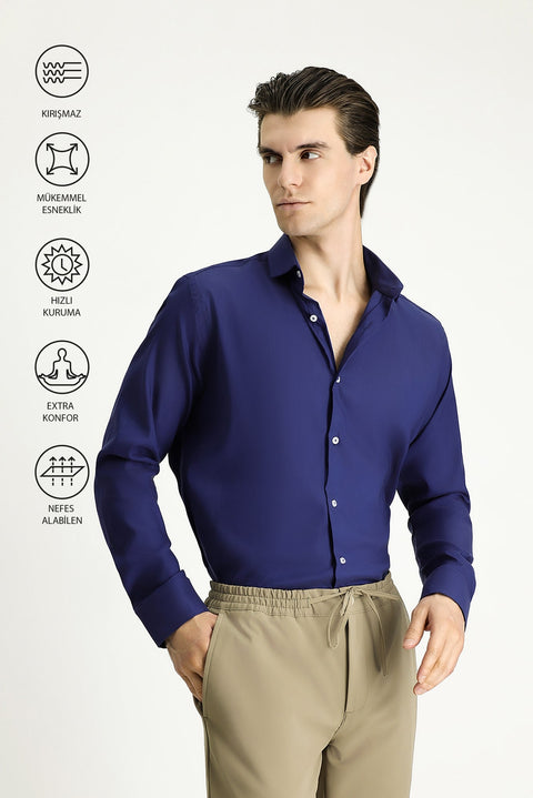 Dark Navy Techno-Line Long Sleeve Slim Fit Classic Shirt