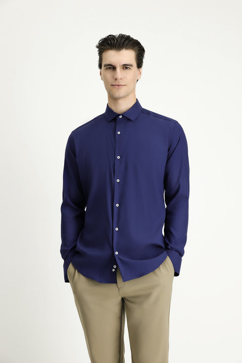 Dark Navy Techno-Line Long Sleeve Slim Fit Classic Shirt