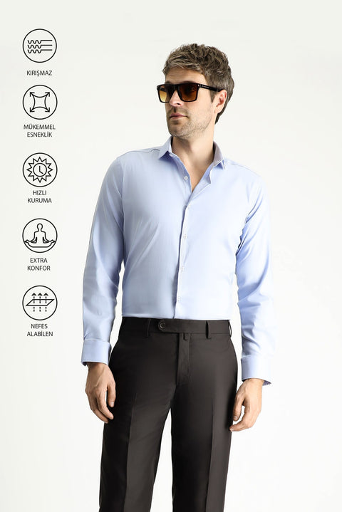 Light Blue Techno-Line Long Sleeve Slim Fit Classic Shirt