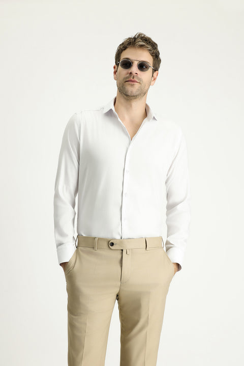 Beyaz Techno-Line Uzun Kol Slim Fit Dar Kesim Klasik Gömlek