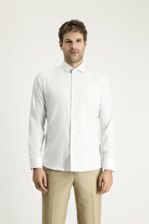 Beyaz Techno-Line Uzun Kol Slim Fit Dar Kesim Klasik Gömlek